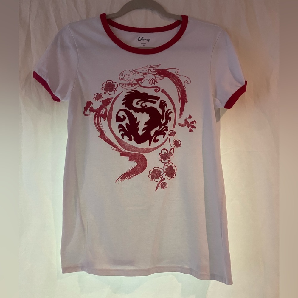 Mulan, Mushu rare Disney character t-shirt, ringer, flocked design, Medium